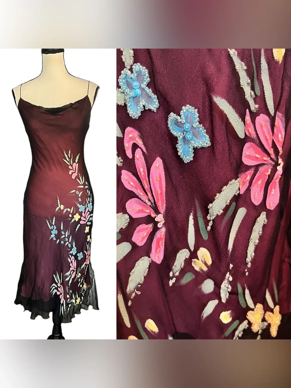 Vintage Betsey Johnson New York Silk Sheer Mesh Painted Beaded Floral Slip Dress - Picture 14 of 14